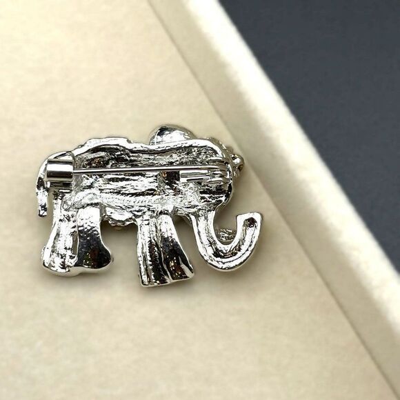Silver with White Diamond AB and Black Onyx Crystal Elephant Pin Back Brooch - Picture 6 of 7